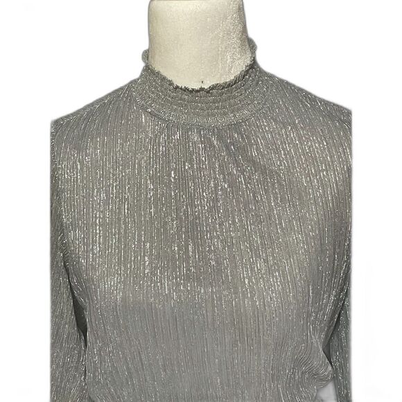 Express Silver Shimmer Pleated Tiered Mini Dress Long Sleeve SM - Picture 2 of 11